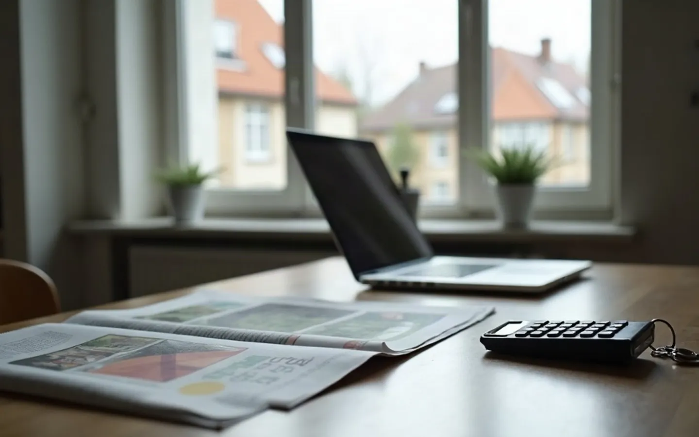 Eettafel met een dichtgeklapte laptop, een rekenmachine en één sleutel aan een ring, met daarnaast een opengeslagen woningkatern.