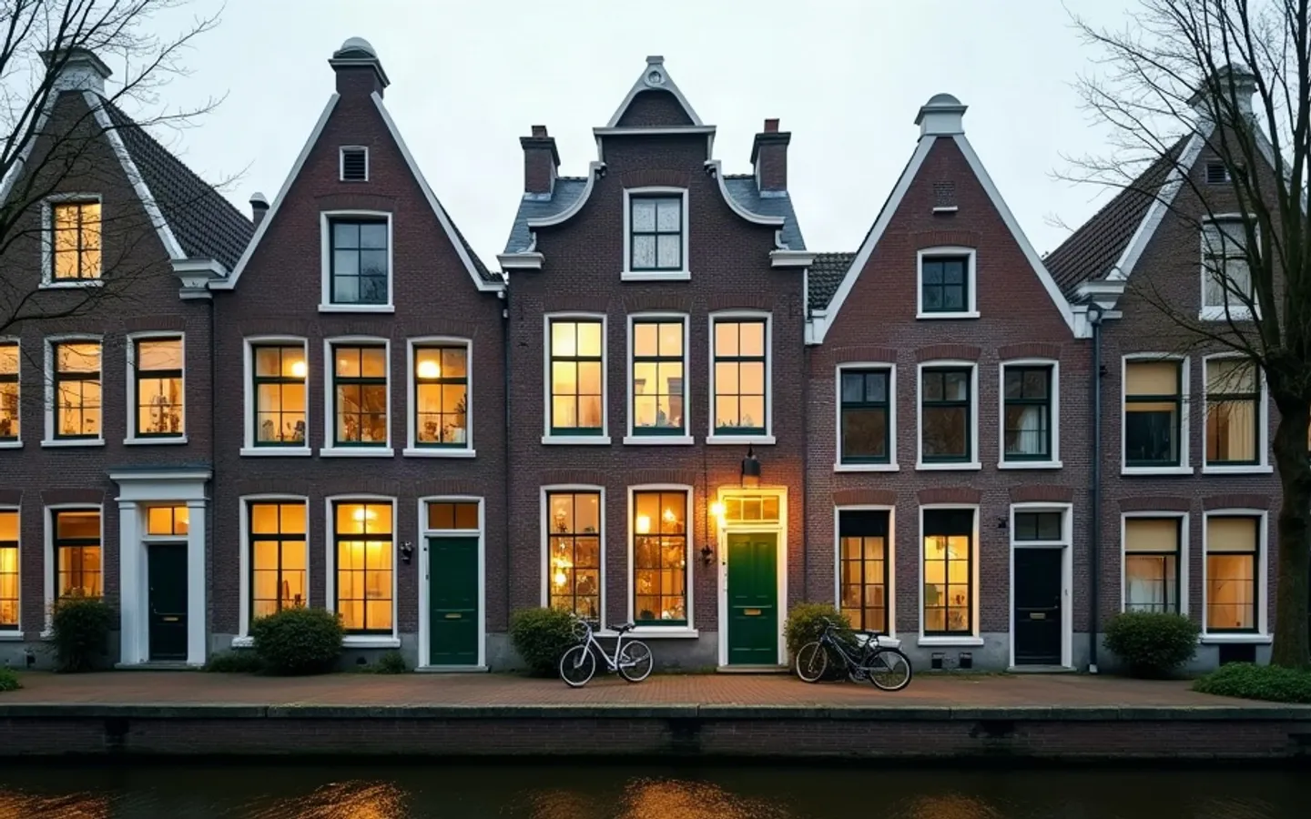 Een gracht in de avond, met verlichte ramen in de gevels erlangs.