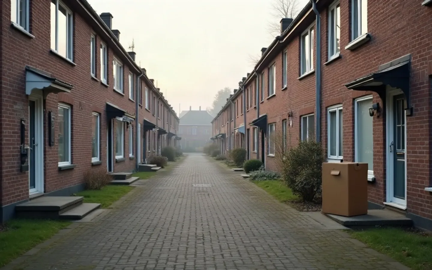 Rij bakstenen rijtjeswoningen in een rustige Nederlandse straat bij ochtendlicht, één woning met lege ramen zonder gordijnen.