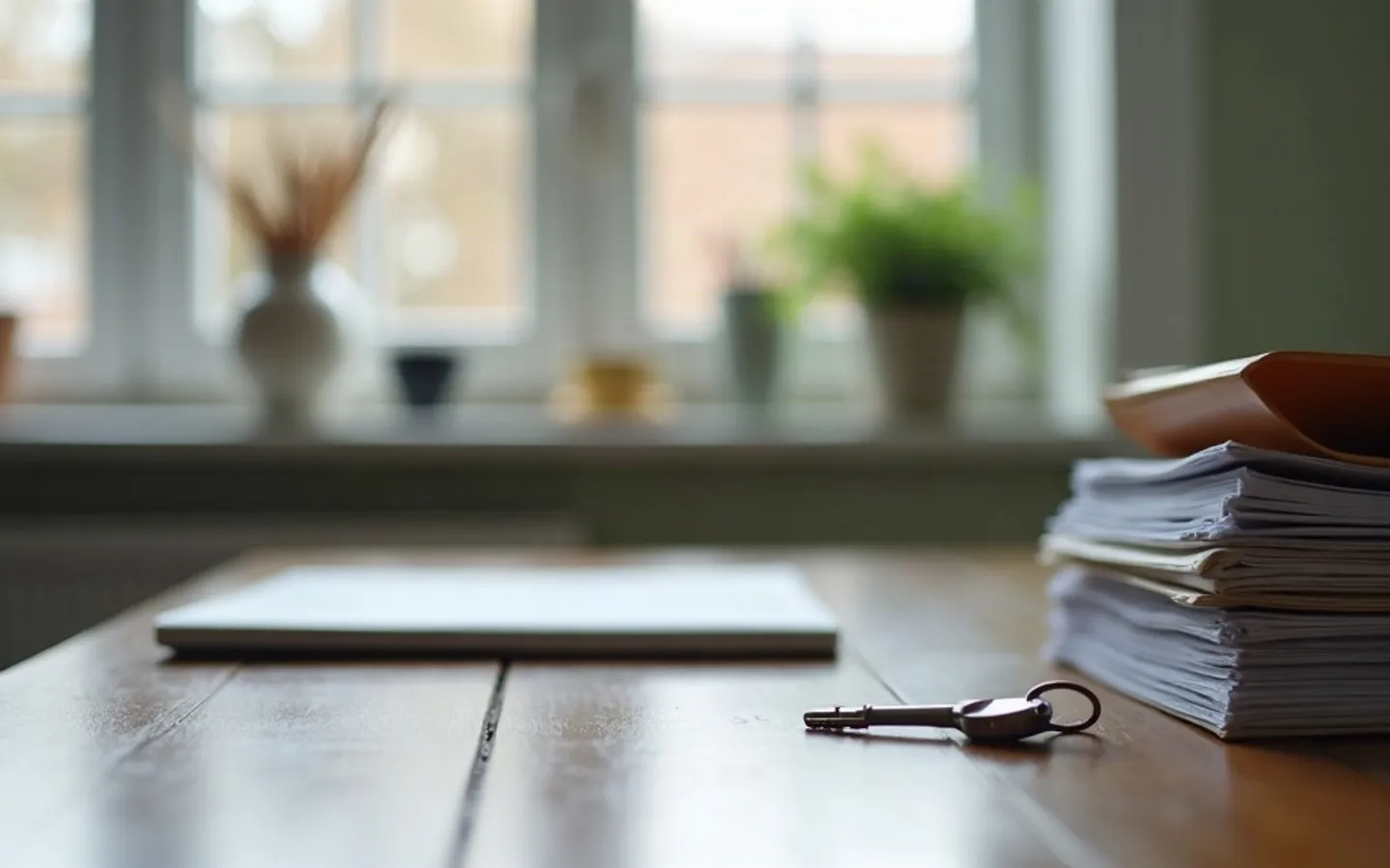 Keukentafel in een Nederlandse rijtjeswoning met een stapel dichte mappen en een sleutelbos, ochtendlicht door het raam en lege stoelen eromheen.