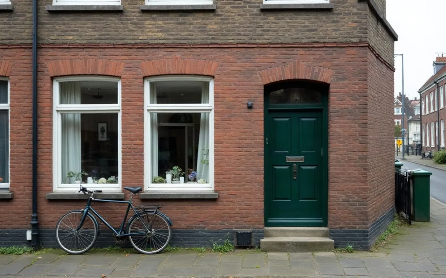 Een hoekpand met dichtgetrokken gordijnen en een verweerde voordeur.