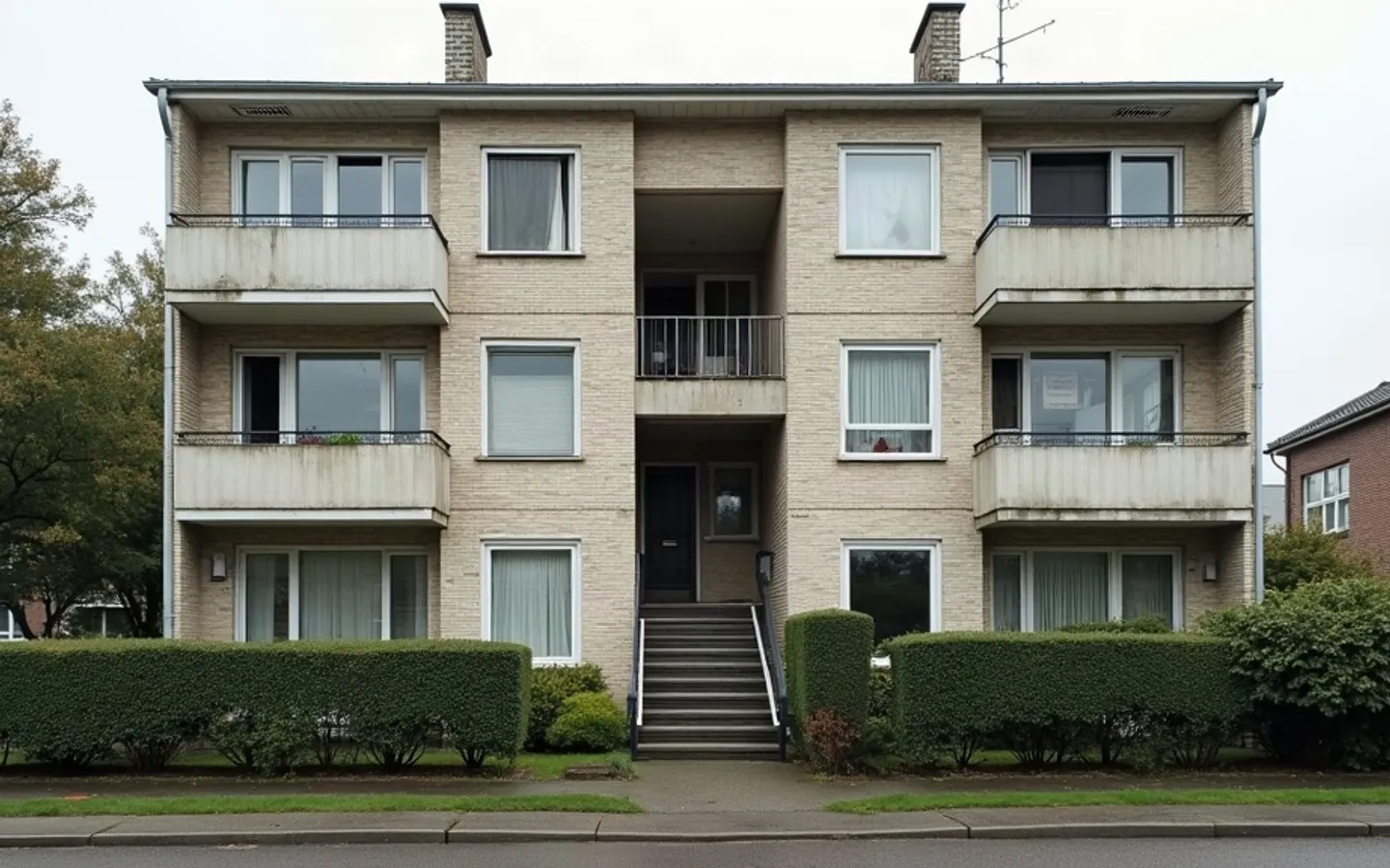 Een portiekflat van vier lagen met een open trappenhuis in het midden.