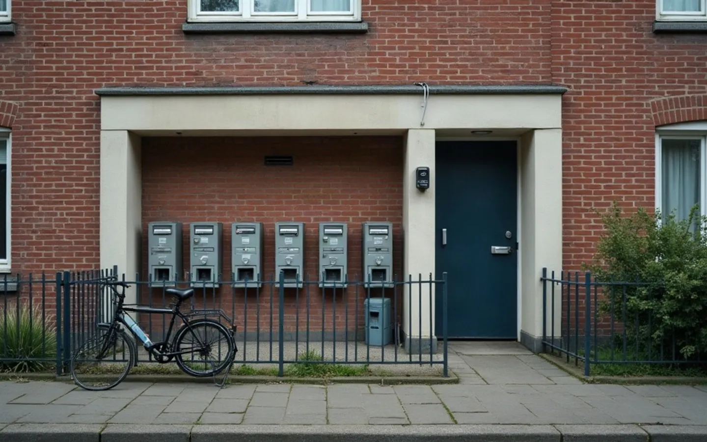 Rijtjeshuis in een Nederlandse straat op een bewolkte ochtend, met vitrage voor het raam, een verweerde voordeur met afbladderende verf en een overvolle brievenbus, recht van voren gefotografeerd vanaf de stoep.